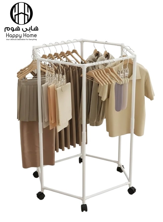 هابي هوم شماعة ملابس دوارة بعجلات 360° – رف ملابس محمول قائم بذاته بهيكل معدني متين 16 ملم بتصميم سداسي – تنظيم فعال وسهل الوصول لجميع الملابس في غرف النوم، الخزائن، والمنازل – تخزين متعدد الاستخدامات للمحلات والمنزل 120*36*75سم - Image 1